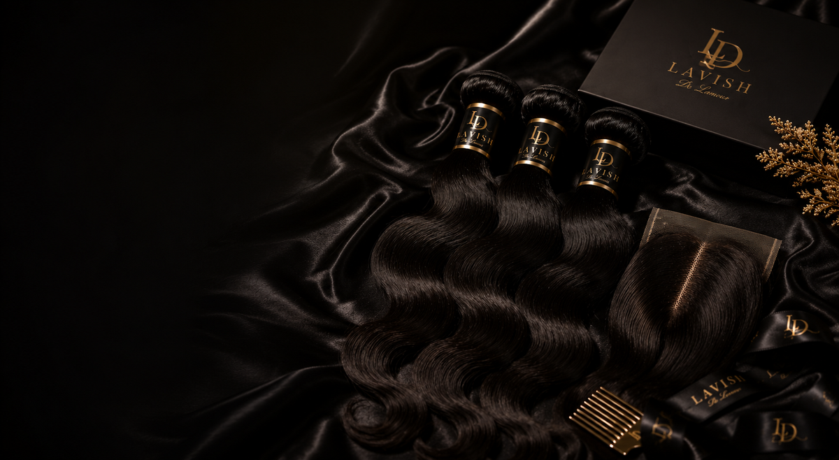 Lavish De L'Amor luxury human hair bundles displayed on black satin